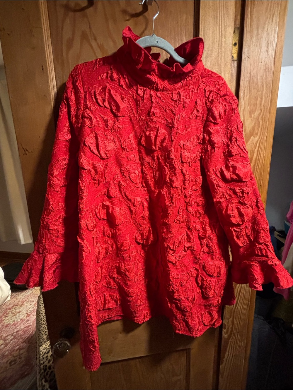Red Textured Ruffle-Neck Women's long sleeve mini dress/top - IC Collection